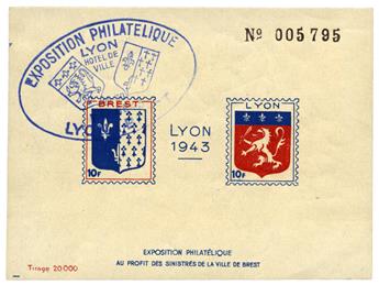FRANCE: Bloc Exposition philatélique de Lyon 1943 neuf** avec cachet commémoratif