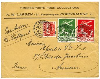 Danemark : PA n°1 et 3 + 122 obl. sur pli de Copenhague pour Amiens (1926)