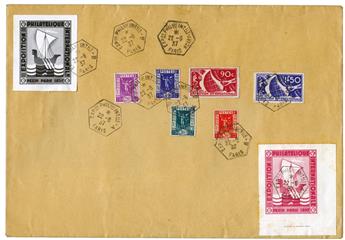 France : n°322/327 obl. à l´expo. de Paris 1937 sur enveloppe non circulée avec vignettes correspondantes