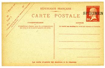 France : Entier Postal Pasteur 60 c. rouge avec réponse payée surcharge SPECIMEN