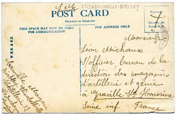 Belgique : Guerre 1914/1918 - Royaume-Uni - France-CP en FM d´un militaire belge avec càd ELIZABETHVILLE BIRTHLEY / S…/10AM/21/ pour Graville Ste Honorine (France).