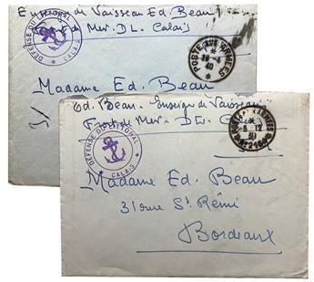 France : Guerre 39/40. 2 lettres avec correspondance d’un officier de marine CADS différents de la Poste aux armées 6/12/39 et 26/4/40 + cachet violet Défens du littoral Calais.
